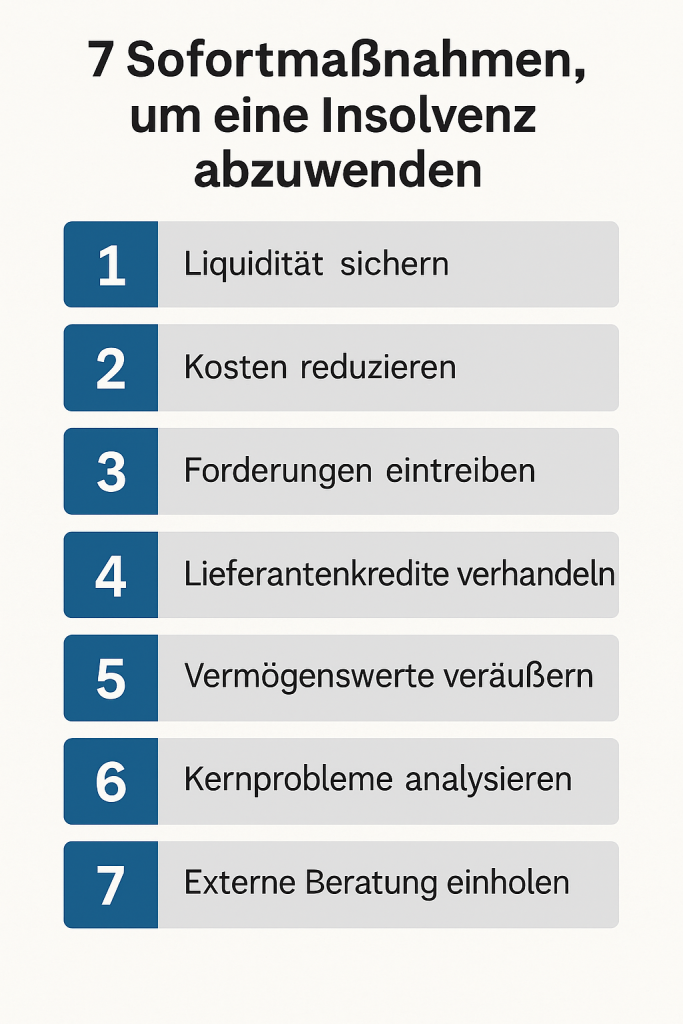 Infografik: 7 Sofortmaßnahmen, um eine Insolvenz abzuwenden – Liquidität sichern, Kosten reduzieren, Forderungen eintreiben, Lieferantenkredite verhandeln, Vermögenswerte veräußern, Kernprobleme analysieren, externe Beratung einholen